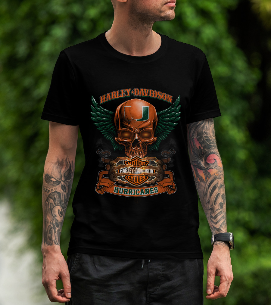 Harley Davidson Miami Hurricanes Skull With Wings Motorcycles T-Shirt