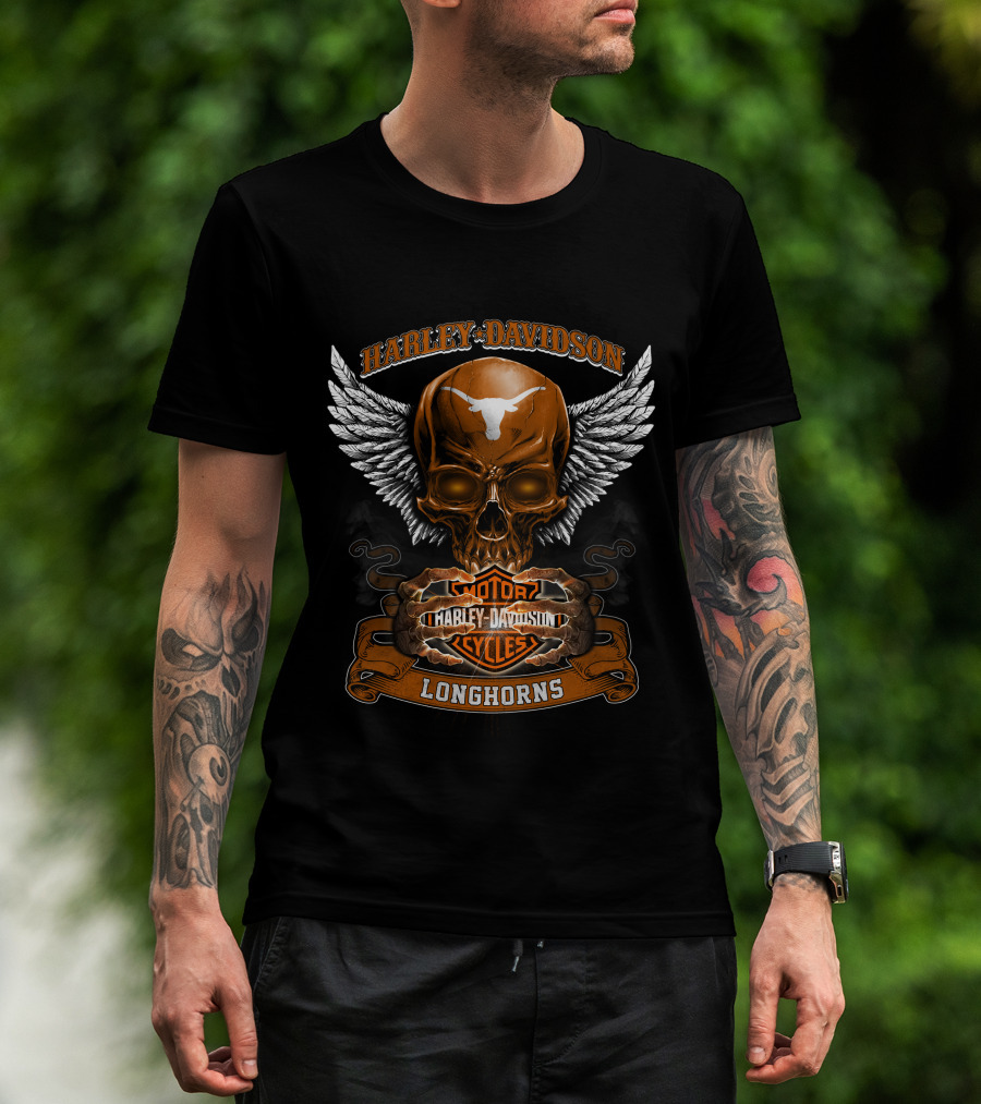 Harley Davidson Longhorns Texas Skull Wings Motorcycles T-Shirt