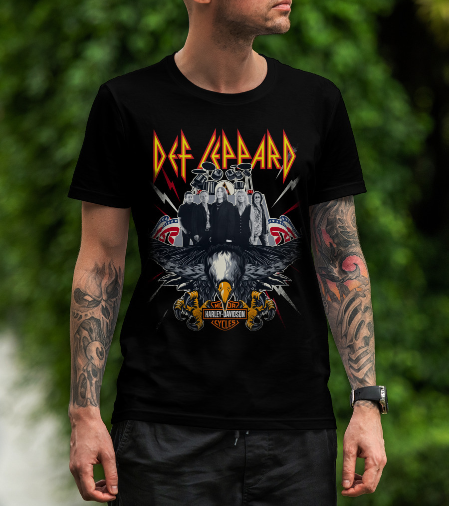Def Leppard Harley Davidson Motor Cycles Eagle And Band T-Shirt
