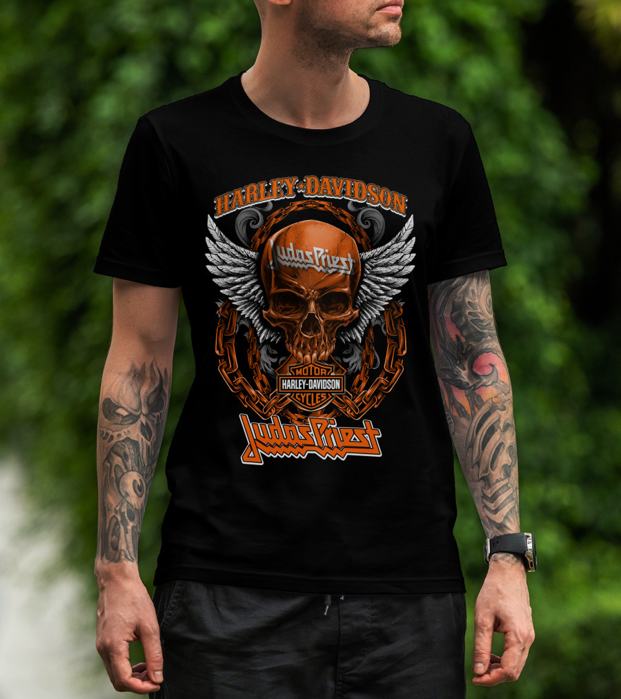 Harley Davidson Judas Priest Skull Wings Chains Motor Cycles T-Shirt