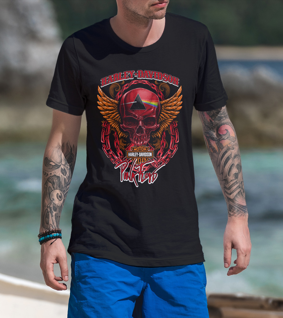 Harley Davidson Pink Floyd Skull With Wings And Prism T-Shirt