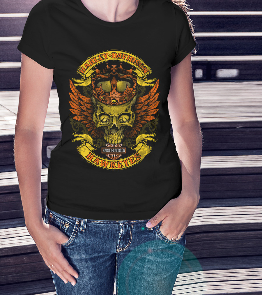 Harley Davidson Hawkeyes Skull Crown Wings T-Shirt