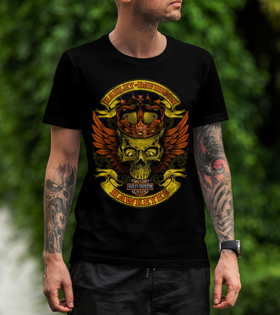 Harley Davidson Hawkeyes Skull Crown Wings T-Shirt