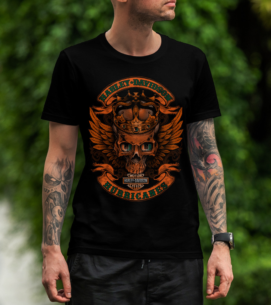 Harley Davidson Hurricanes King Skull Orange Wings Crown Motor Cycles T-Shirt