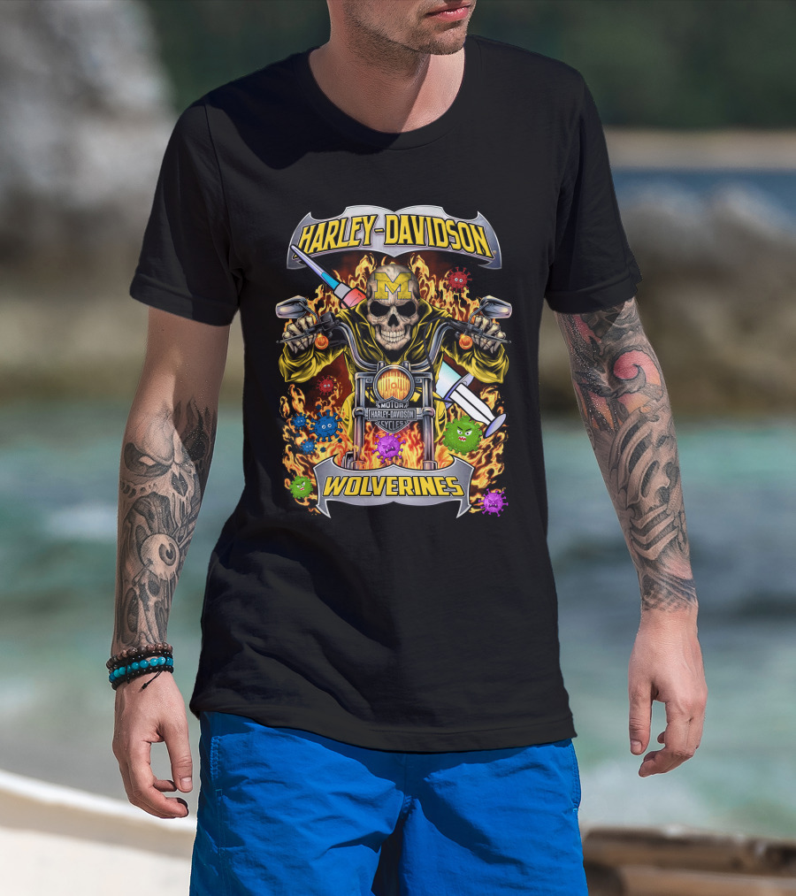 Harley Davidson Michigan Wolverines Skull Motorcycles T-Shirt