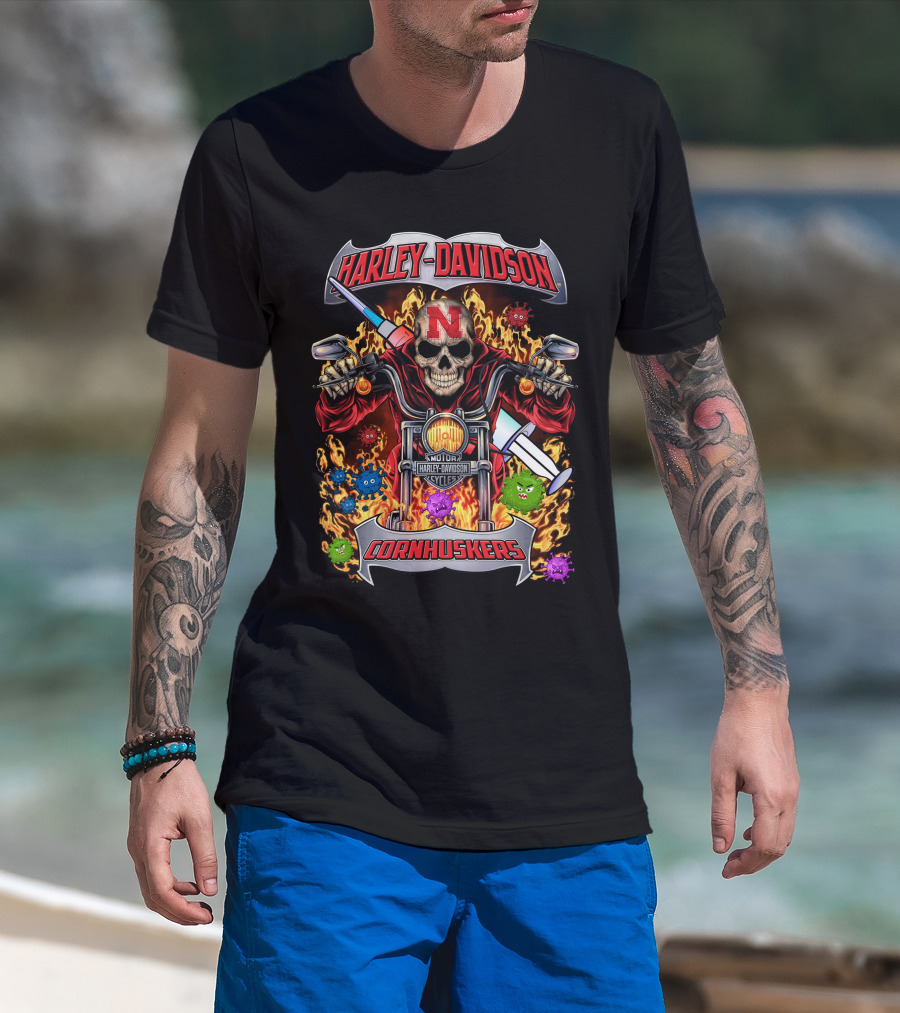 Harley Davidson Nebraska Cornhuskers Skulls Flames Motorcycles T-Shirt