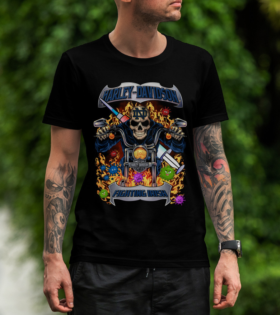 Harley Davidson Notre Dame Fighting Irish Skull Motorcycle Flames Viruses T-Shirt