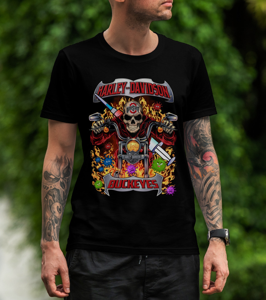 Harley Davidson Ohio State Buckeyes Skeleton Flames Motorcycles T-Shirt