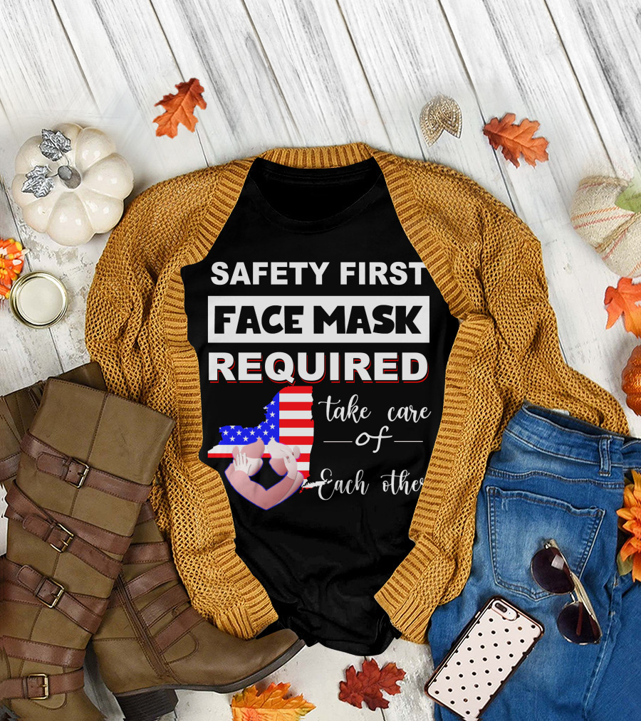 Safety First Face Mask Required Take Care Of Each Other Usa Flag Map T-Shirt