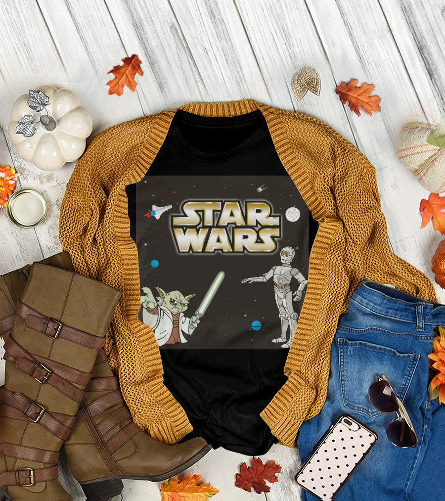 Star Wars Yoda and C-3PO Space Adventure Scene T-Shirt