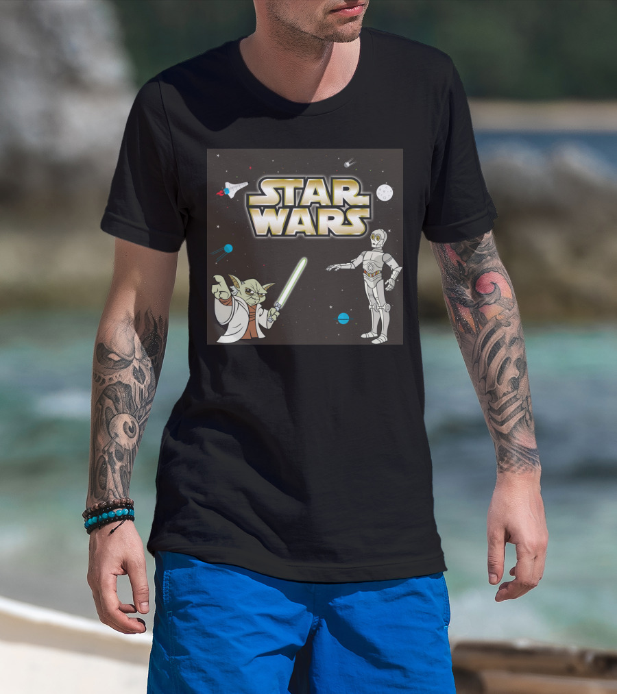 Star Wars Yoda And C-3PO Space Adventure Scene T-Shirt