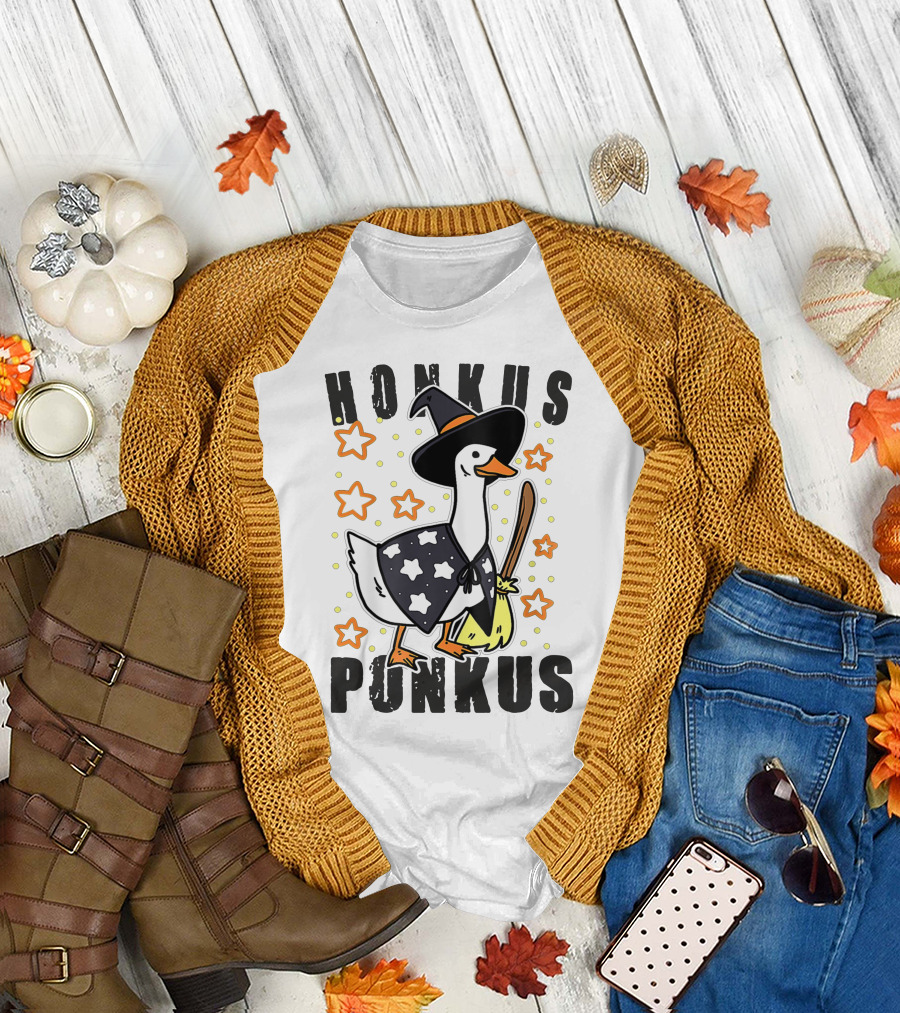 Honkus Ponkus Duck in Witch Costume with Stars and Broom T-Shirt