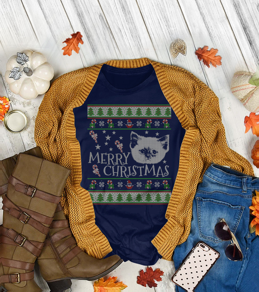 Merry Christmas Cute Persian Kitten Candy Canes Snowflakes Trees T-Shirt