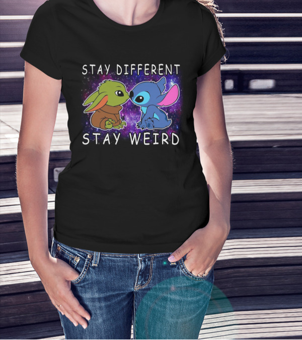 Stay Different Stay Weird Baby Yoda And Stitch Space Background T-Shirt