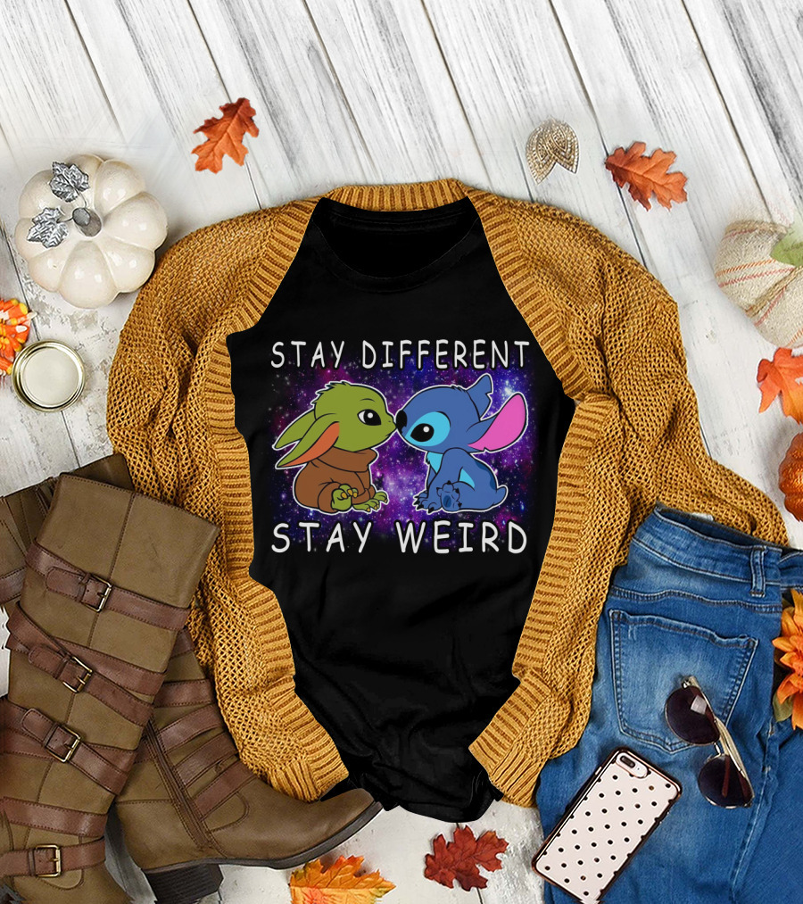 Stay Different Stay Weird Baby Yoda and Stitch Space Background T-Shirt