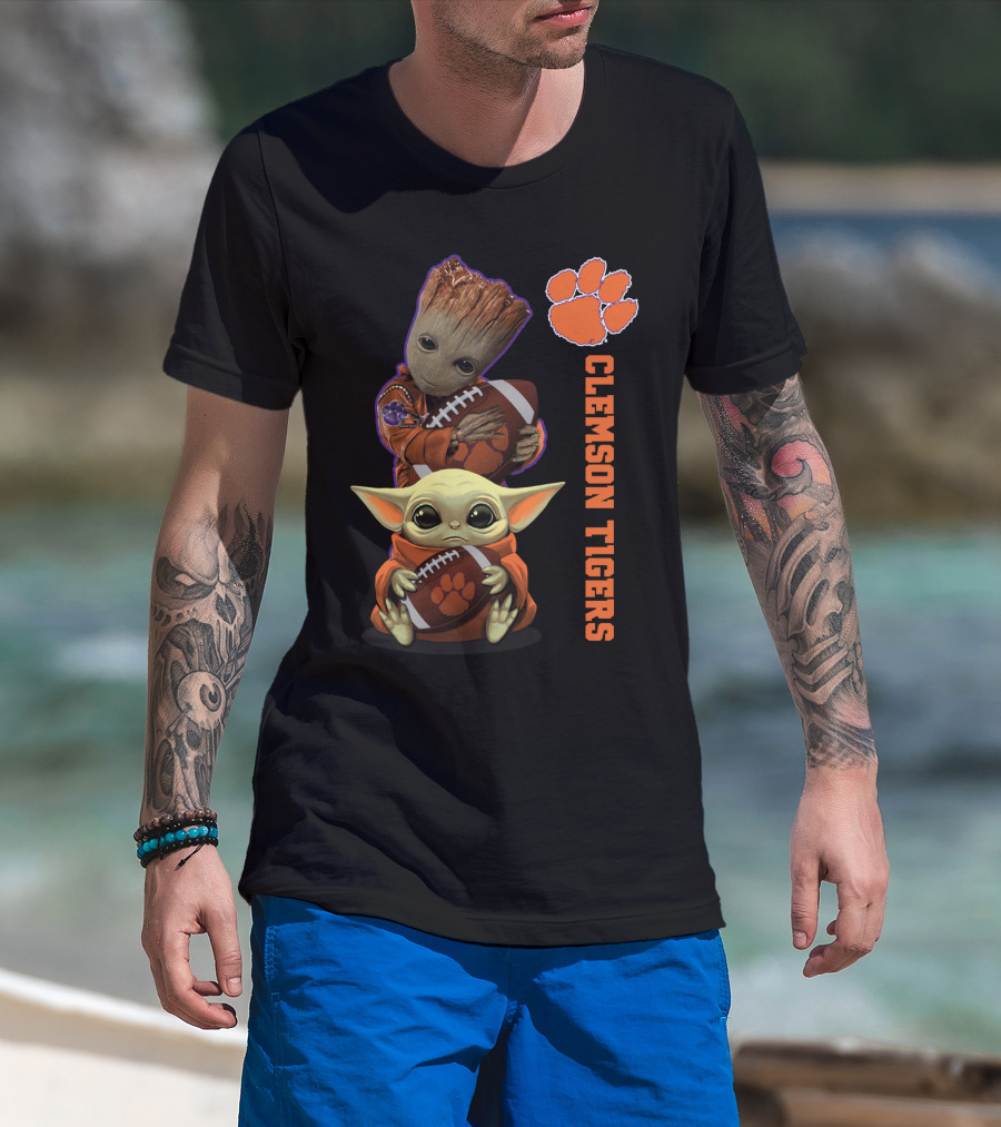 Clemson Tigers Ncaa Baby Groot And Baby Yoda Football Fans T-Shirt