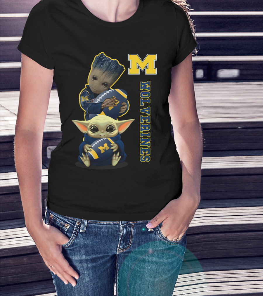 Michigan Wolverines Groot And Baby Yoda Football T-Shirt
