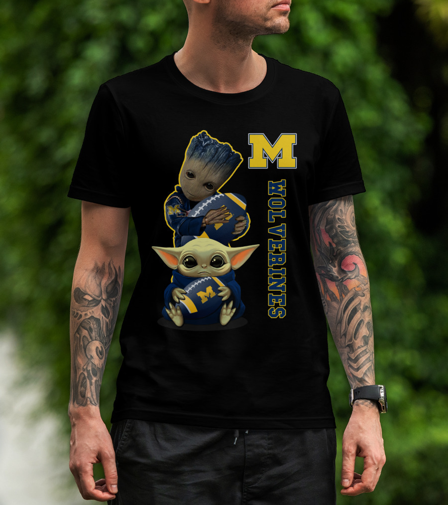 Michigan Wolverines Groot And Baby Yoda Football T-Shirt