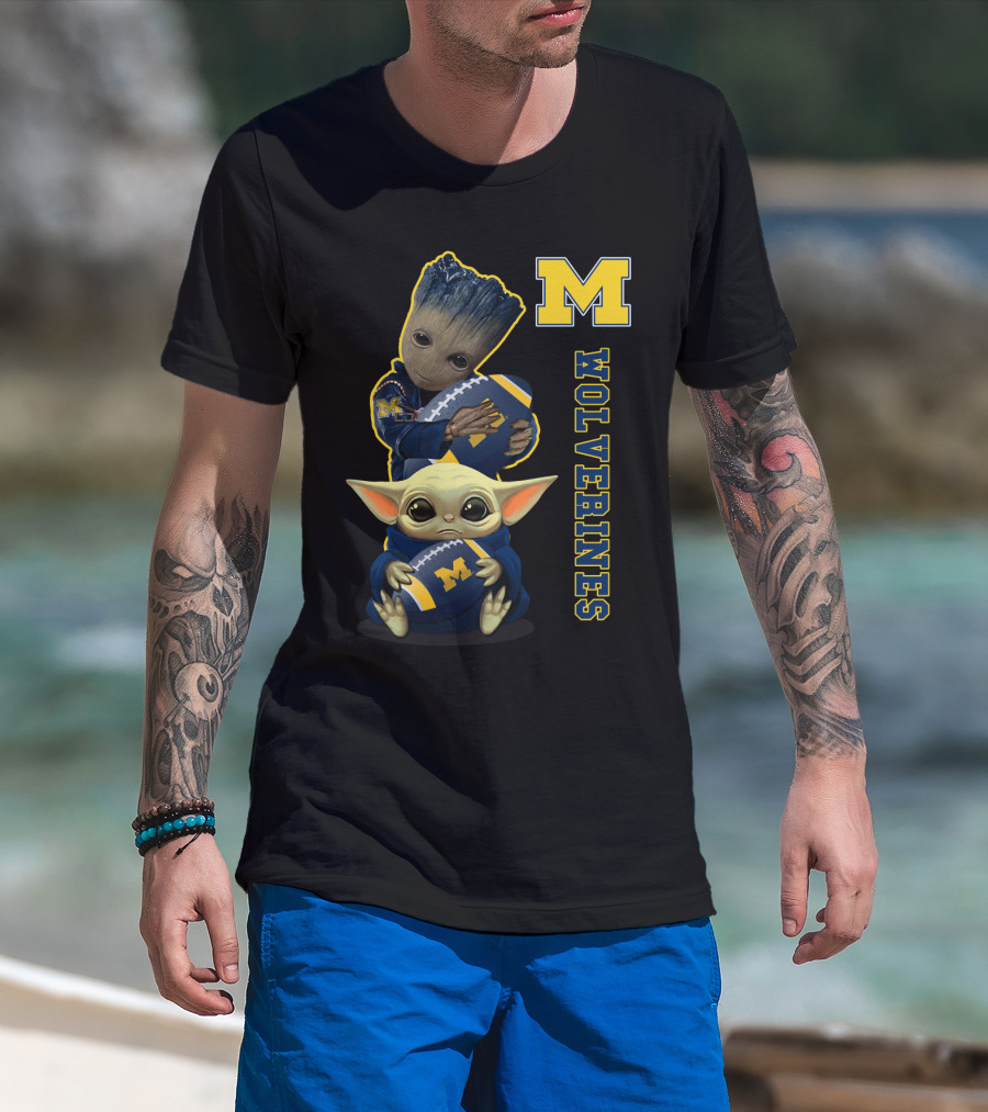 Michigan Wolverines Groot And Baby Yoda Football T-Shirt