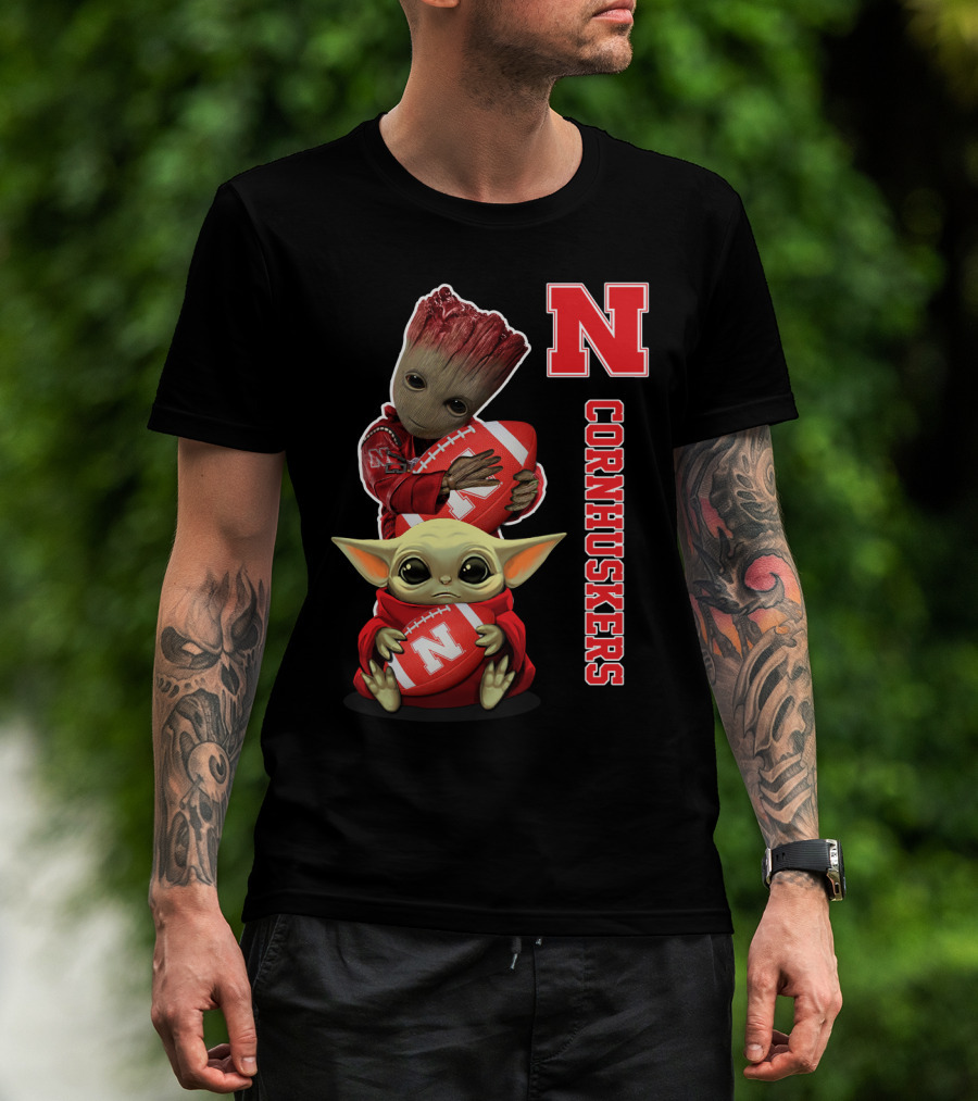 Nebraska Cornhuskers Groot And Baby Yoda Football T-Shirt
