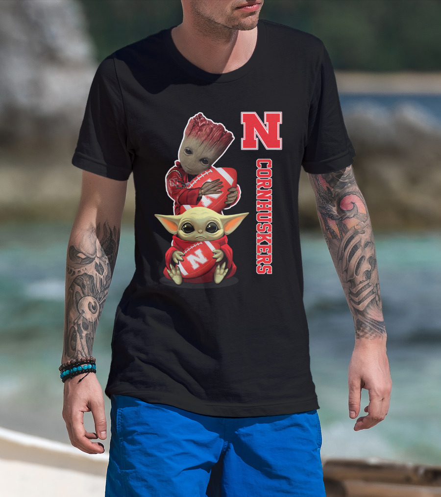 Nebraska Cornhuskers Groot And Baby Yoda Football T-Shirt