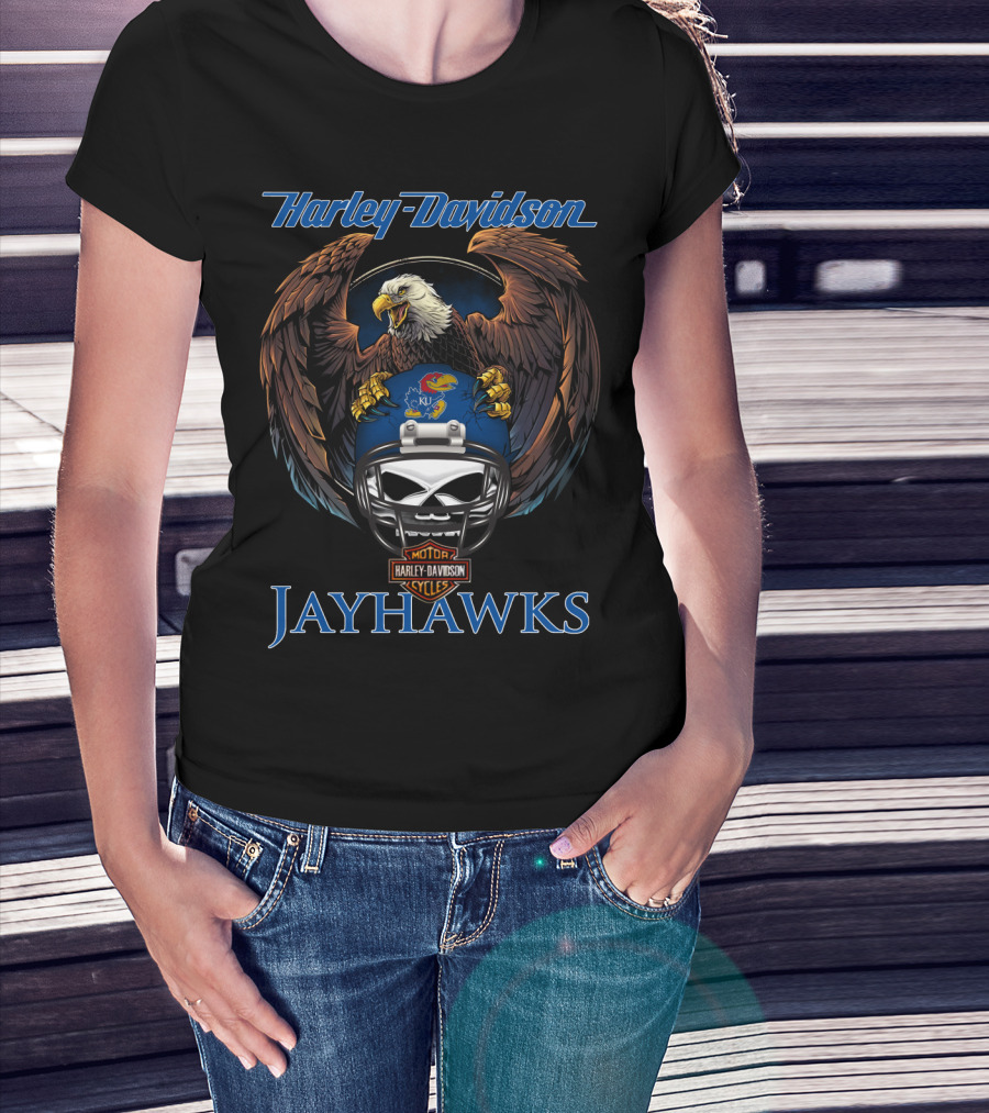 Harley Davidson Jayhawks Eagle And Skull Helmet With Ku T-Shirt