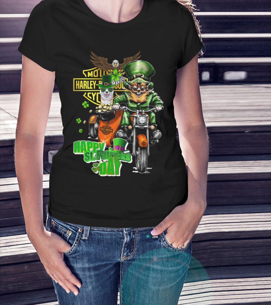 Harley Davidson St. Patrick's Day Leprechaun Riding Motorcycle With Akita Dog T-Shirt