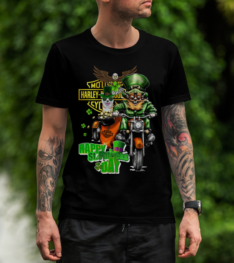 Harley Davidson St. Patrick's Day Leprechaun Riding Motorcycle With Akita Dog T-Shirt