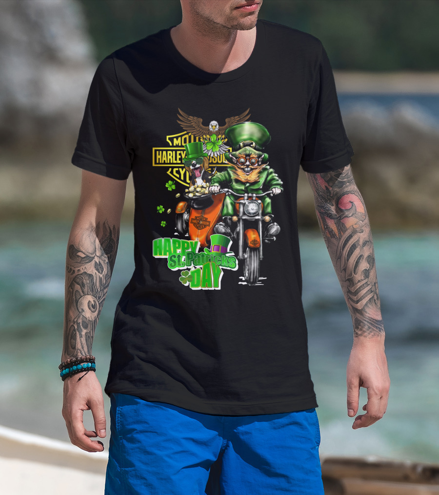 Harley Davidson Beagle And Leprechaun Motorcycle Ride Happy St. Patrick's Day T-Shirt