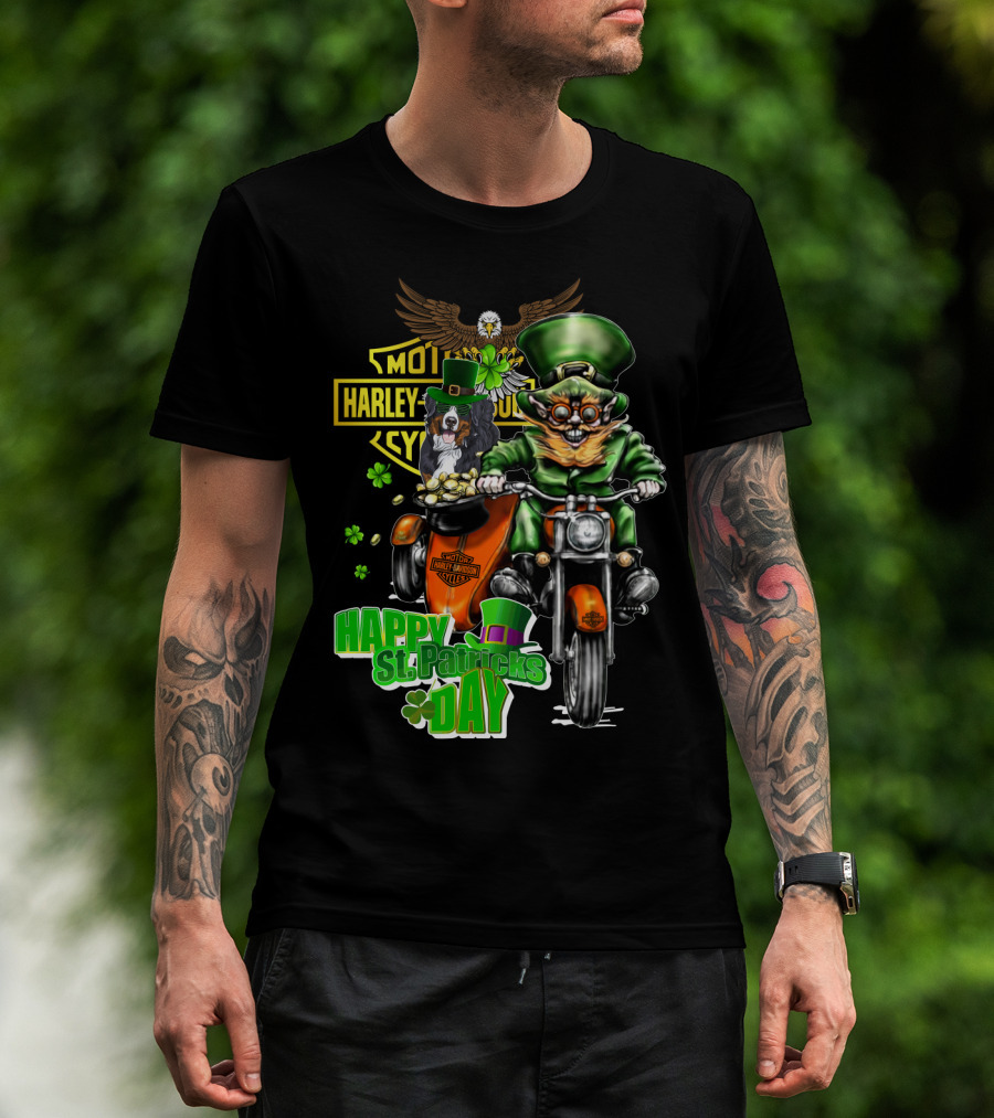 Happy St. Patrick's Day Harley Davidson Leprechaun And Bernese Mountain Dog Ride T-Shirt