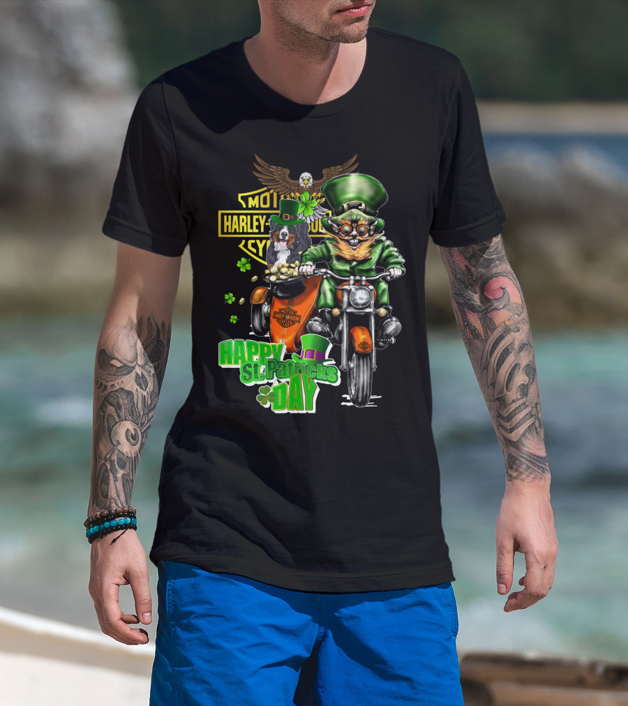 Happy St. Patrick's Day Harley Davidson Leprechaun And Bernese Mountain Dog Ride T-Shirt