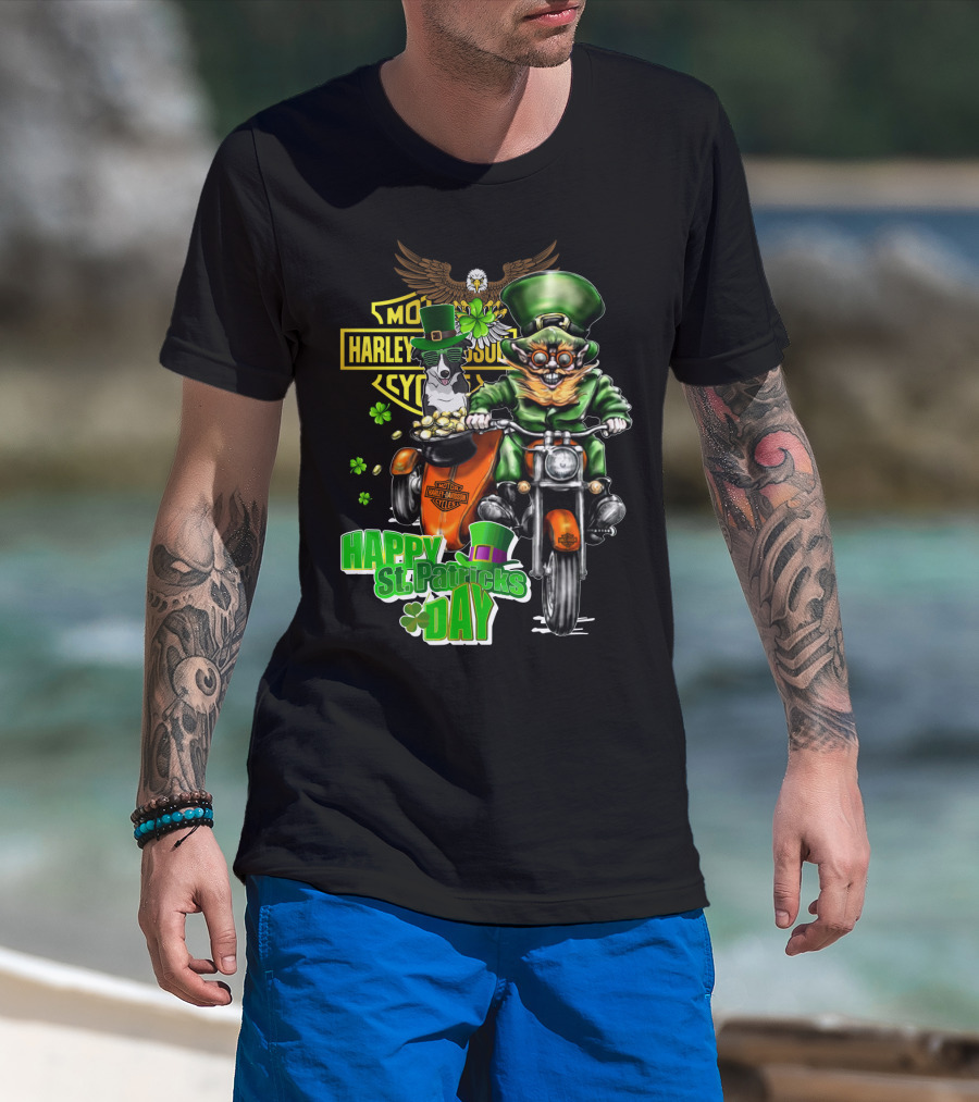 Happy St. Patrick's Day Harley Davidson Border Collie Motorcycle Riding T-Shirt
