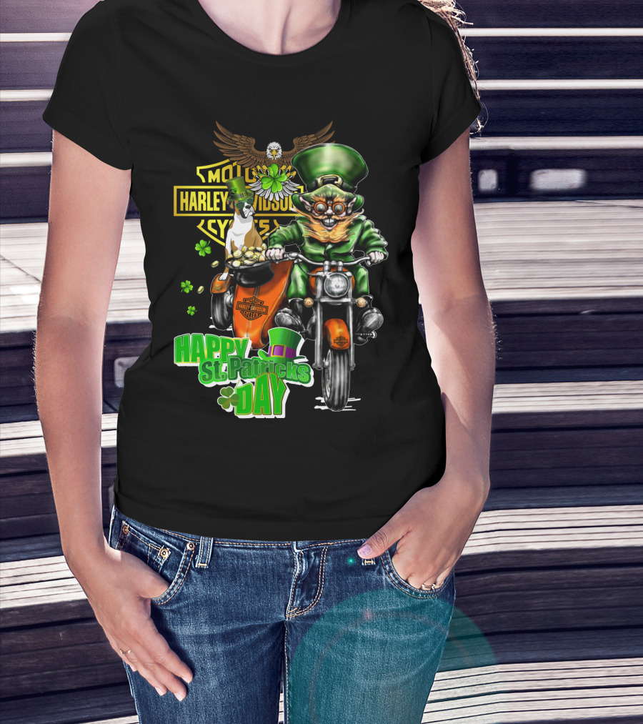 Happy St. Patricks Day Harley Davidson Motorcycles Cycle Riding Leprechaun And Boxer T-Shirt