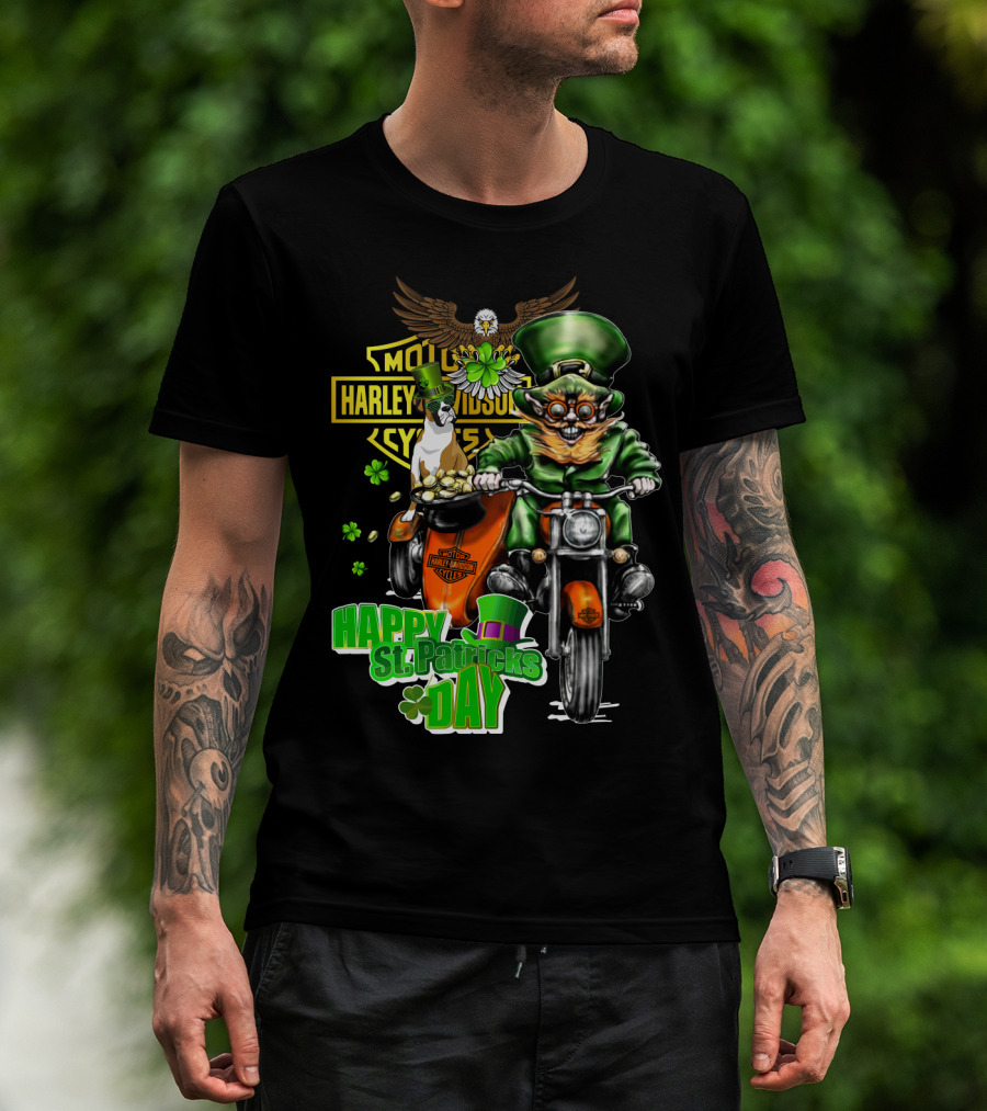 Happy St. Patricks Day Harley Davidson Motorcycles Cycle Riding Leprechaun And Boxer T-Shirt