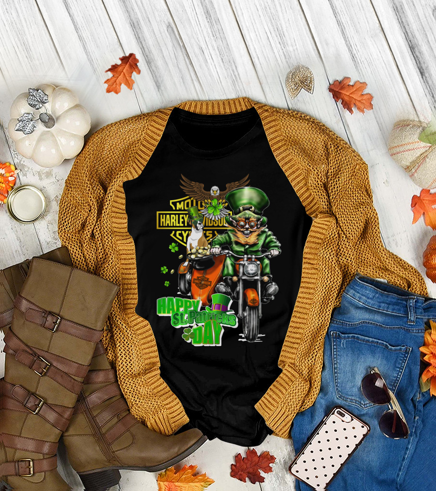 Happy St. Patricks Day Harley Davidson Motorcycles Cycle Riding Leprechaun And Boxer T-Shirt