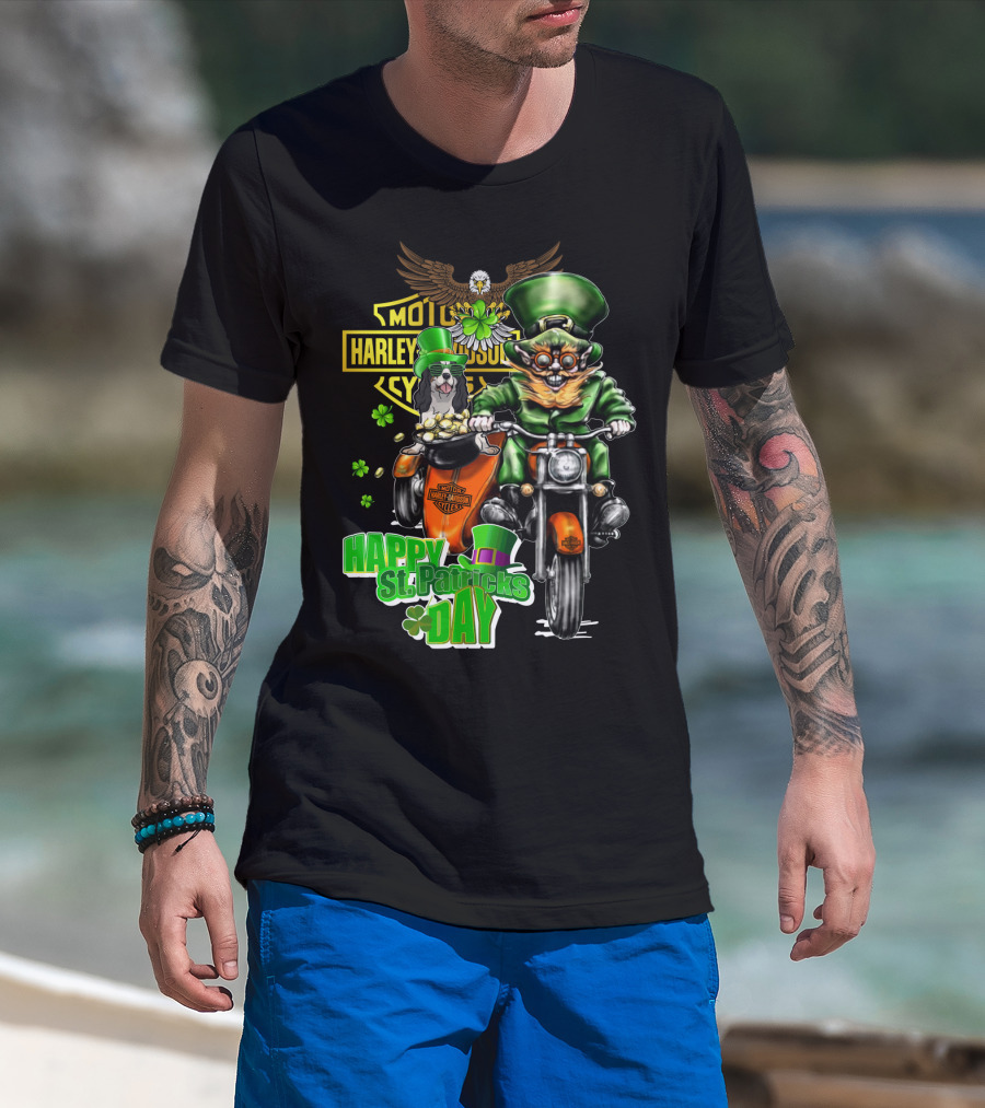 Harley Davidson Happy St. Patrick's Day Cavalier King Charles Spaniel Motorcycle Rider T-Shirt