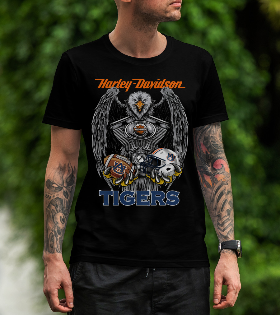 Harley Davidson Auburn Tigers Football Ncaa Helmet And Eagle Engine T-Shirt