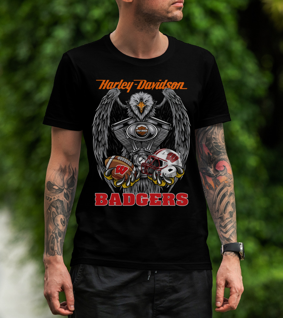 Harley Davidson Badgers Wisconsin Football Ncaa Eagle Engine T-Shirt