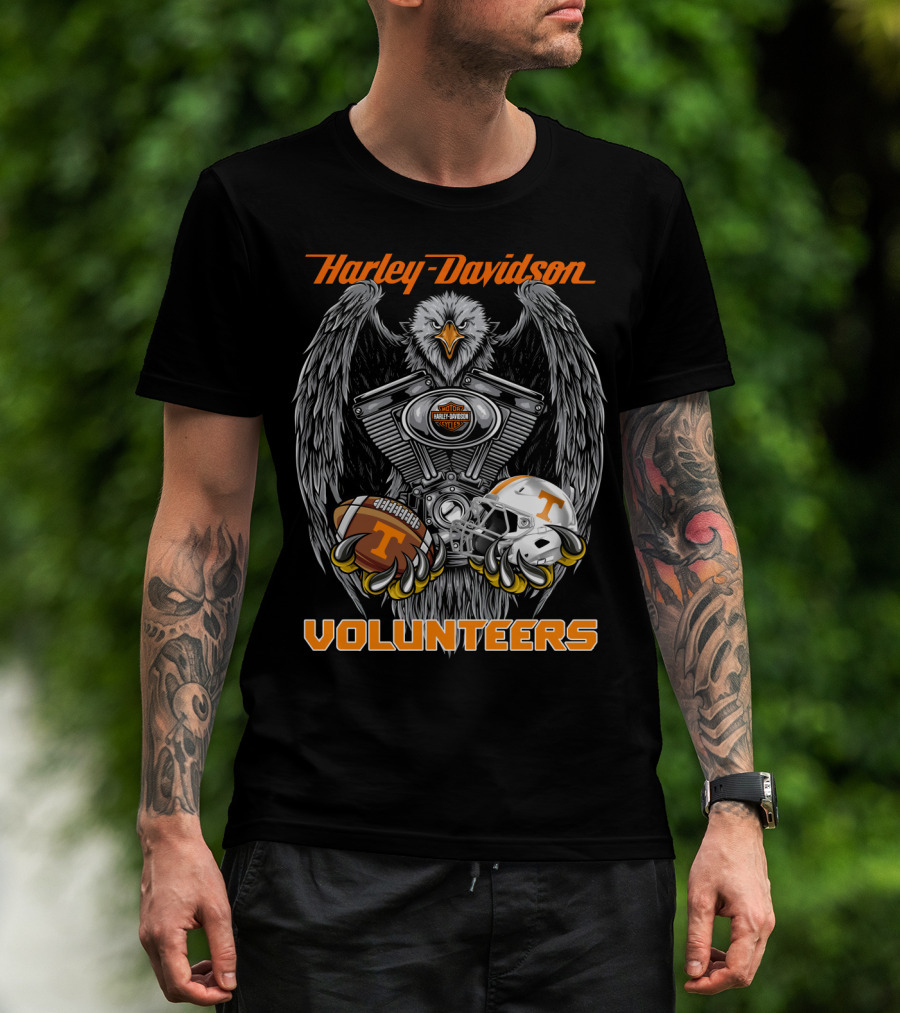 Harley Davidson Volunteers Ncaa Football Tennessee Helmet And Ball Eagle Engine T-Shirt
