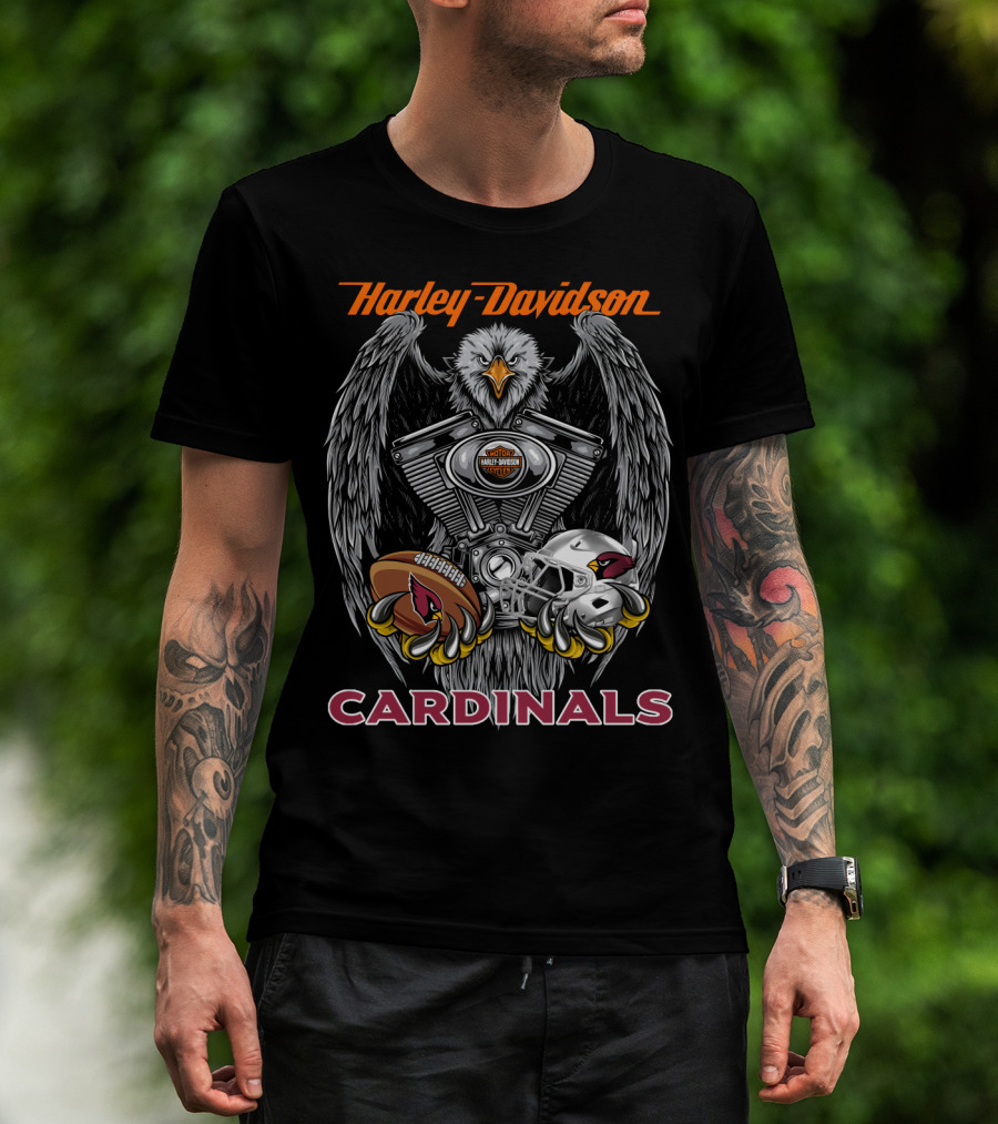 Harley Davidson Cardinals Nfl Helmet And Football Eagle V-Twin Engine T-Shirt