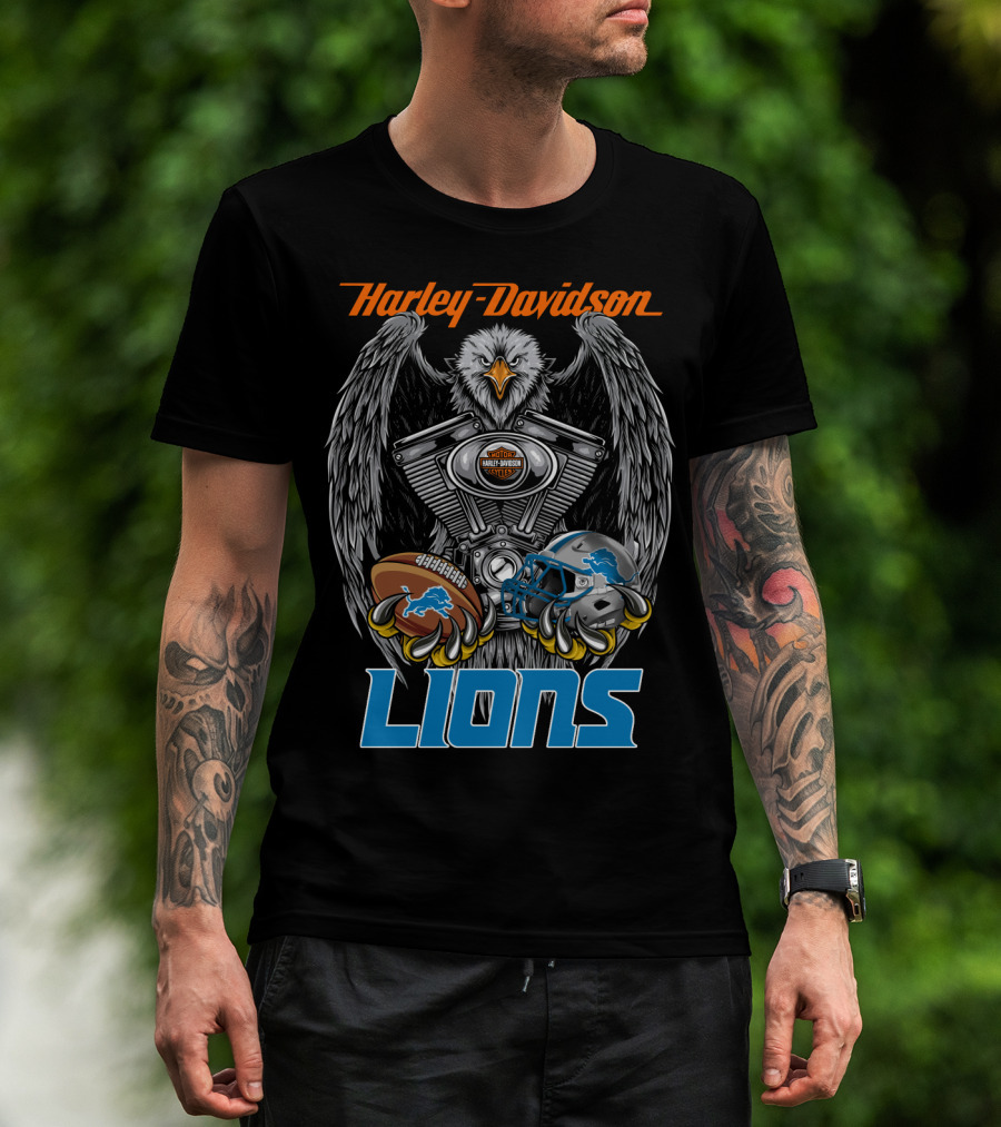 Harley Davidson Detroit Lions Eagle Football Engine T-Shirt