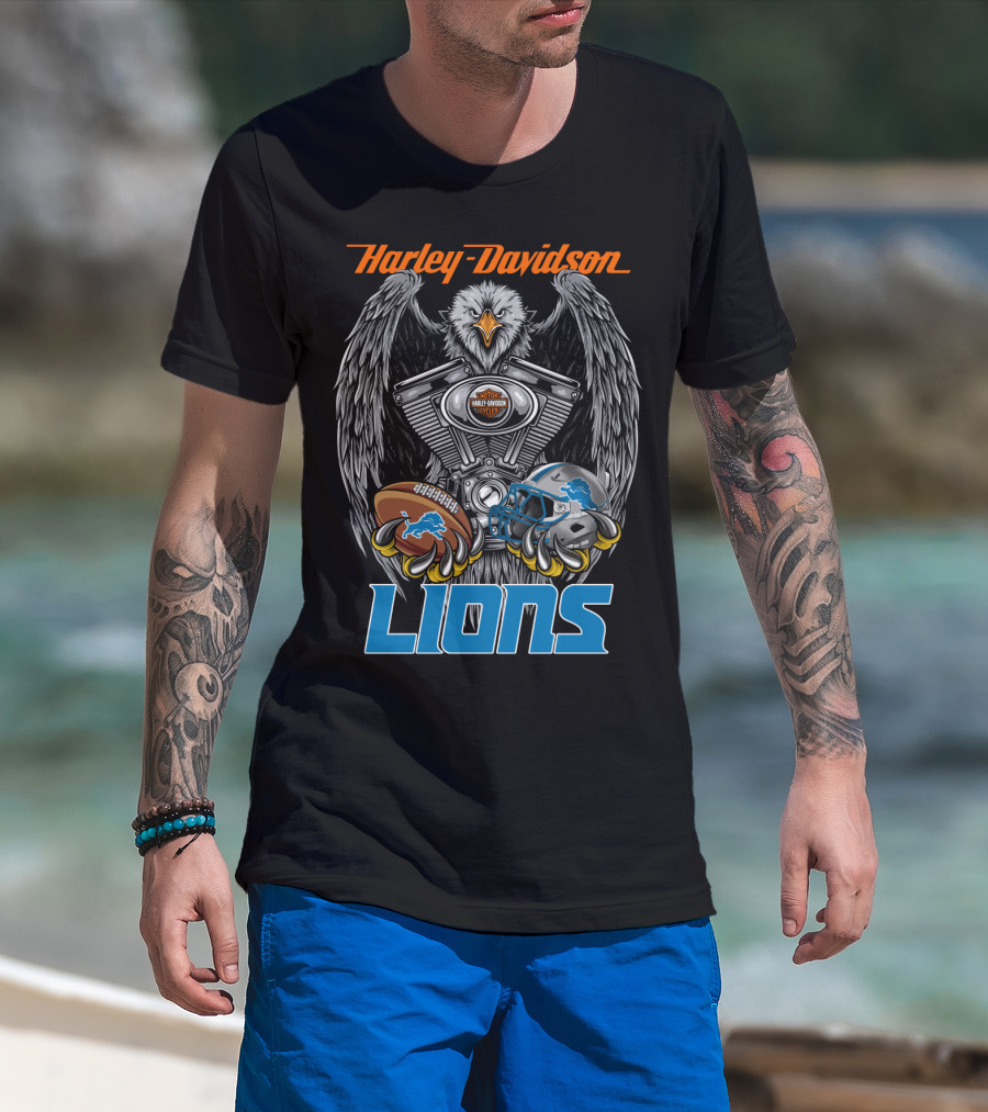 Harley Davidson Detroit Lions Eagle Football Engine T-Shirt