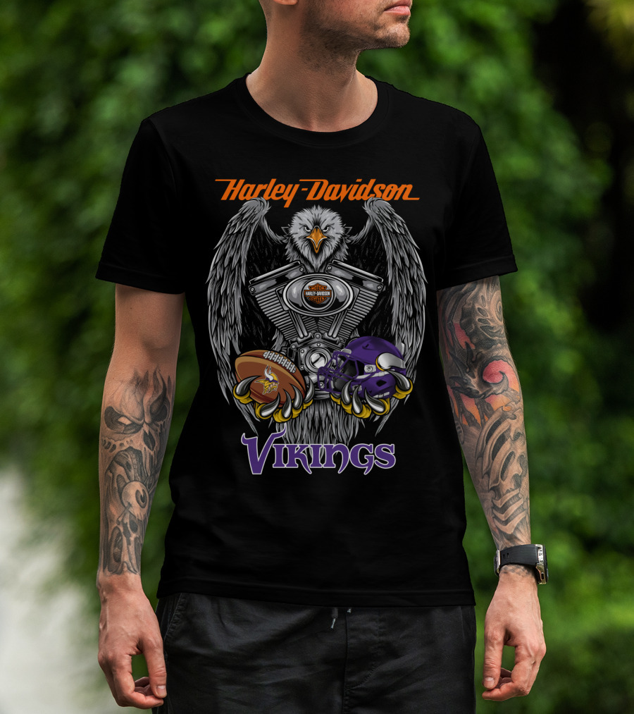 Harley Davidson Seattle Vikings Football Eagle Engine Art T-Shirt