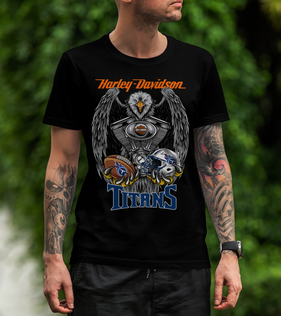 Harley Davidson Titans Nfl Football Helmet And Ball With Eagle And Engine T-Shirt