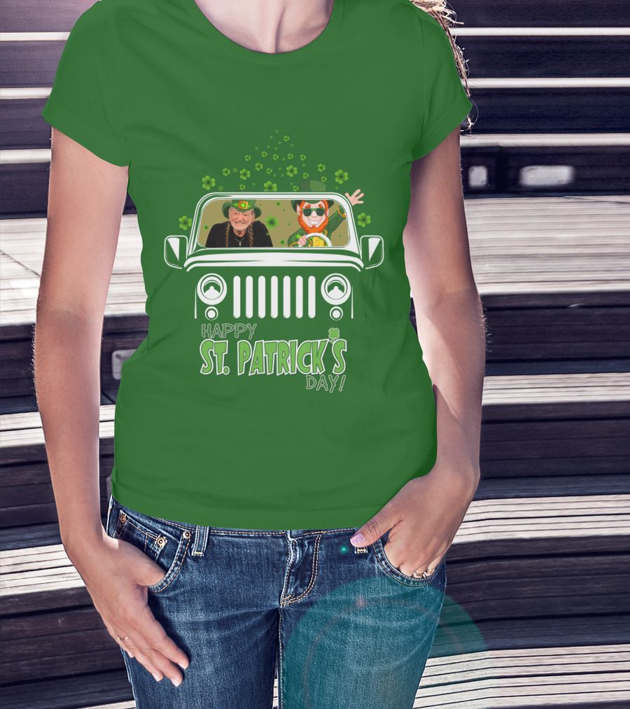 Happy St. Patrick's Day Willie Nelson 51 Jeep With Leprechaun And Clover Themes T-Shirt