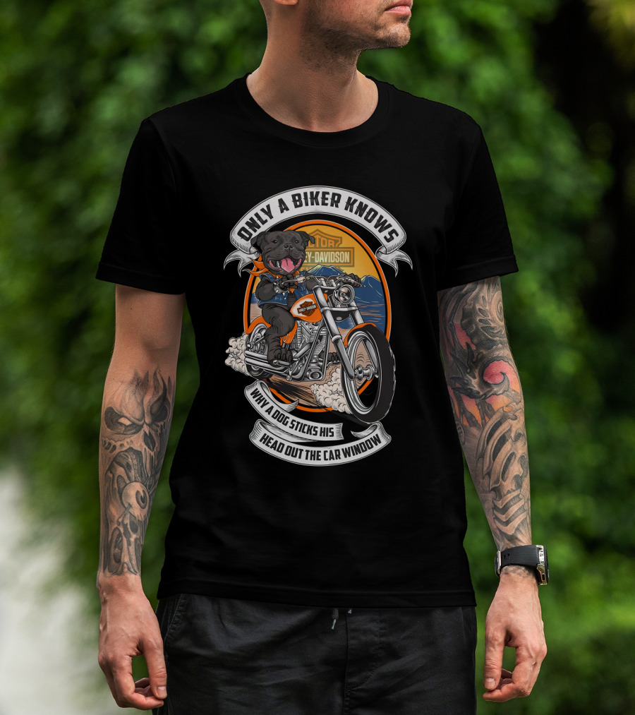 Only A Biker Knows When A Dog Sticks His Head Out The Car Window Harley Davidson Staffordshire Bull Terrier T-Shirt