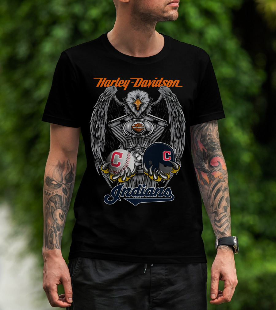 Harley Davidson Cleveland Indians Mlb Baseball Helmet And Engine Eagle T-Shirt