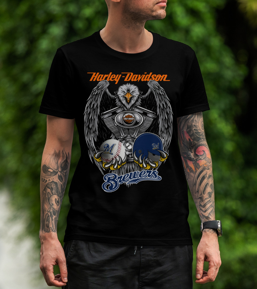 Harley Davidson Milwaukee Brewers Eagle Baseball Engine T-Shirt