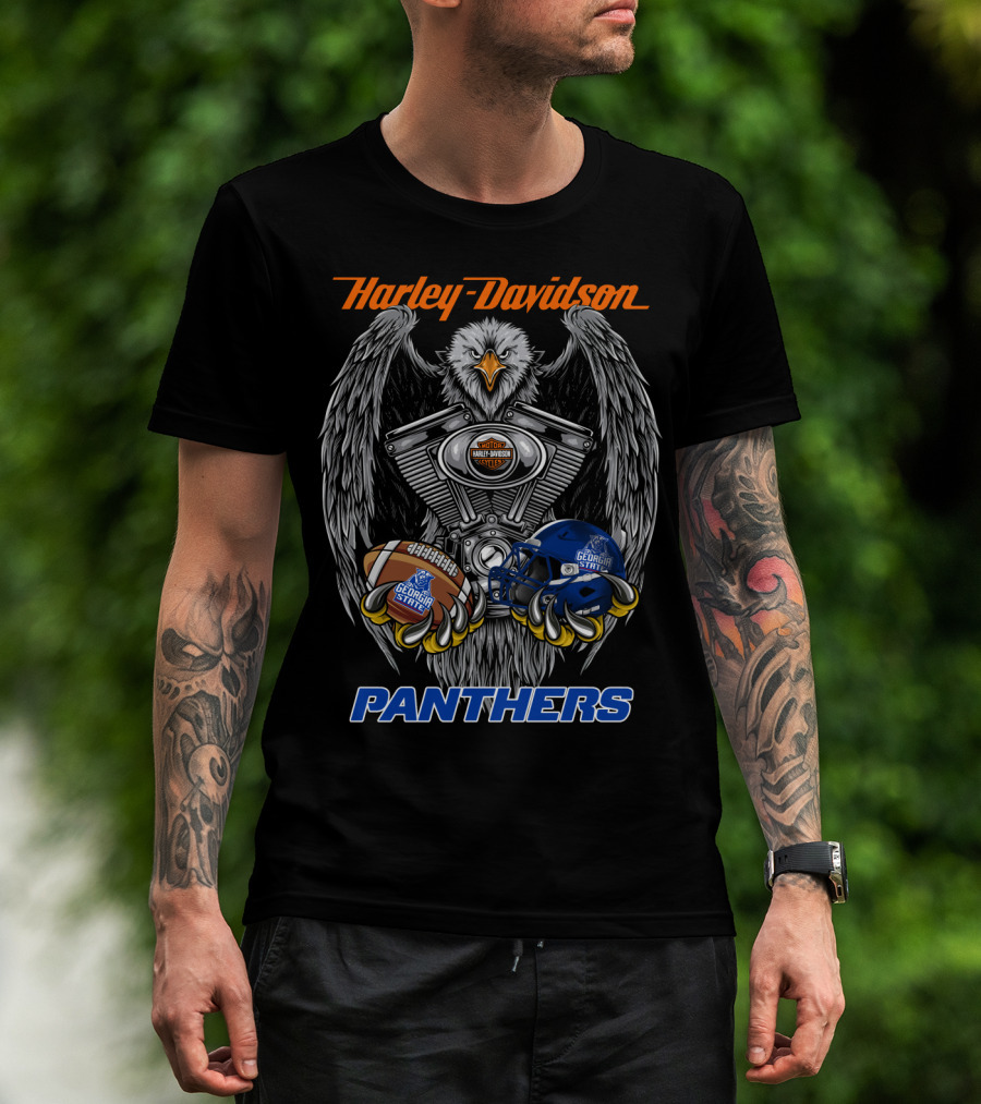 Harley Davidson Seattle Motorcycles Georgia State Panthers Football Helmet And Eagle Engine Art T-Shirt