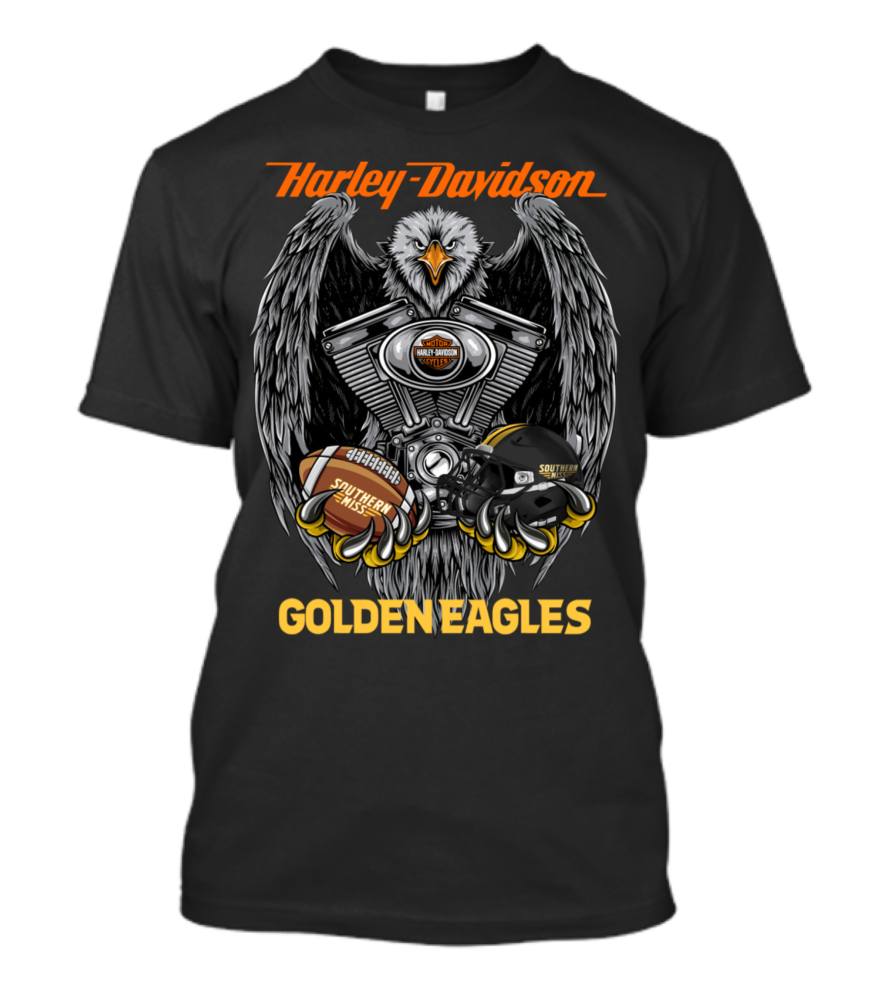 Harley Davidson Southern Miss Golden Eagles Ncaa Football Helmet And Engine T-Shirt